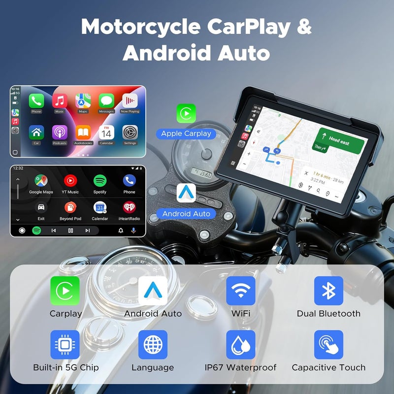 Volam Wireless Motorcycle CarPlay Screen, 7-inch IP67 Waterproof Touchscreen,GPS Navigation System,Anti-Glare for Daylight, Voice Control, Dual Bluetooth, Suitable for Harley, Kawasaki, Yamaha, etc. - Image 2